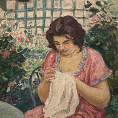 14599, Benjamin-Marie-Albert André, Femme en Rose Cousant Dans Le Jardin, c. 1921