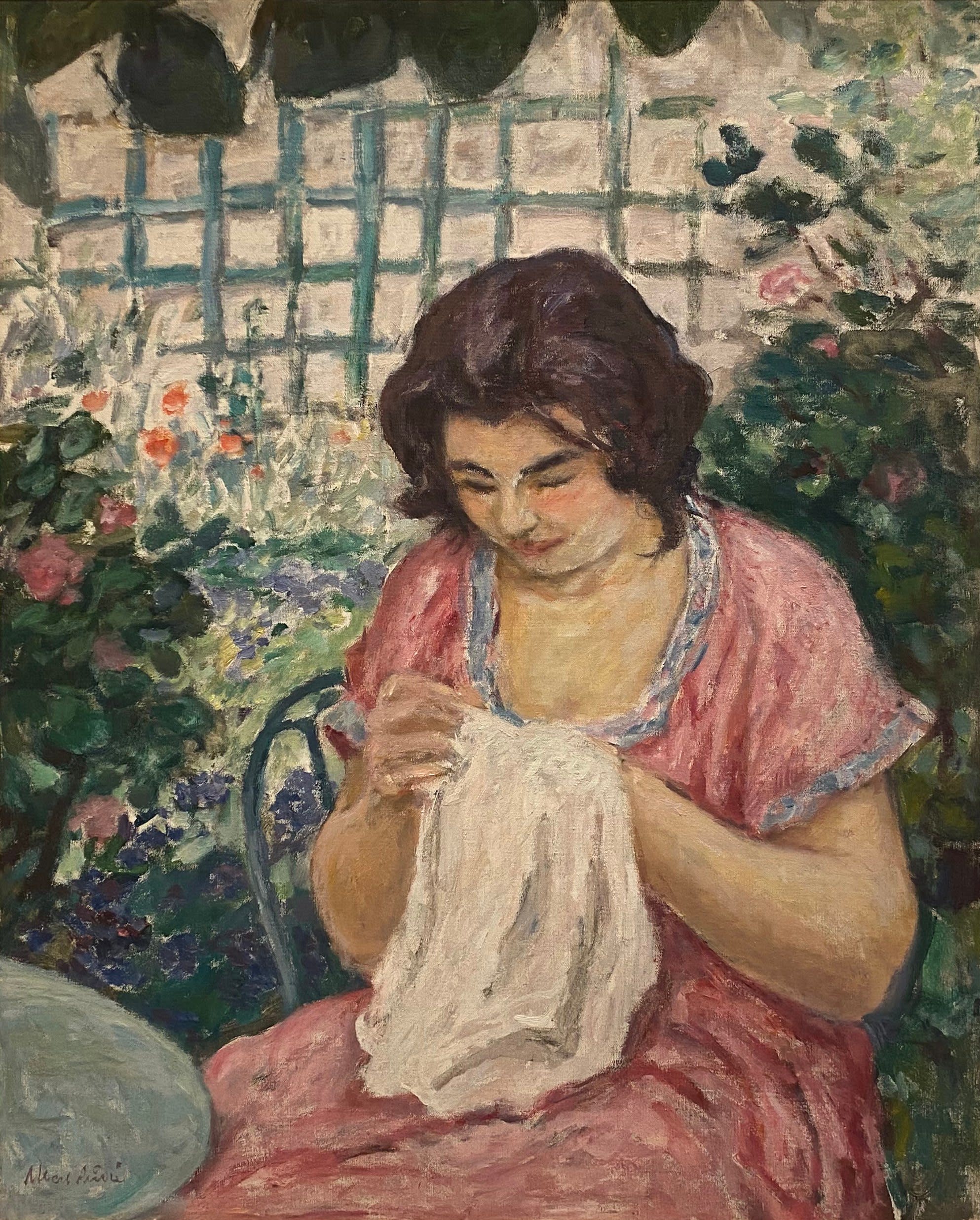 14599, Benjamin-Marie-Albert André, Femme en Rose Cousant Dans Le Jardin, circa 1921