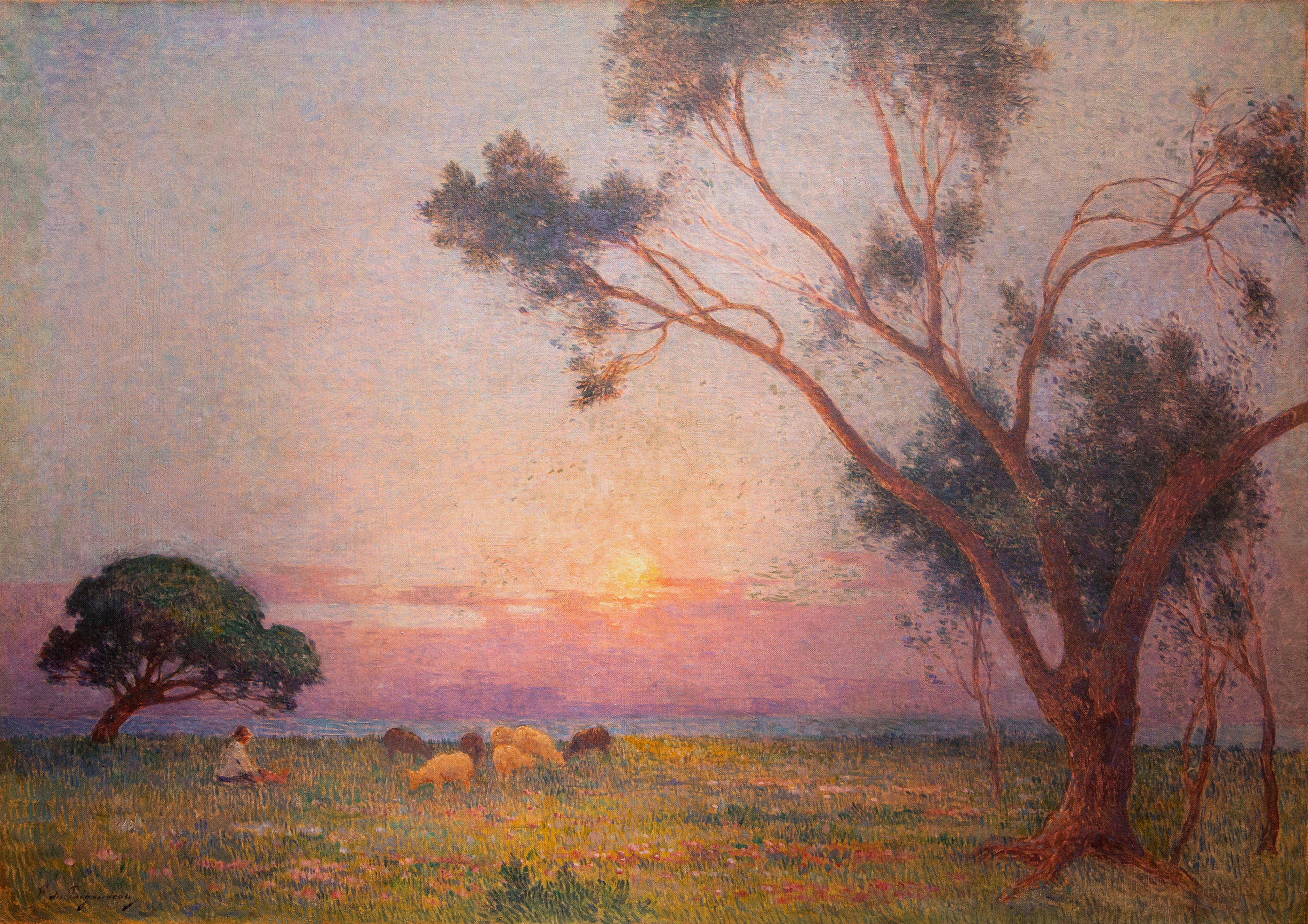 16253, Ferdinand Du Puigaudeau, Berger et ses Moutons au Soleil Couchant, Circa 1918