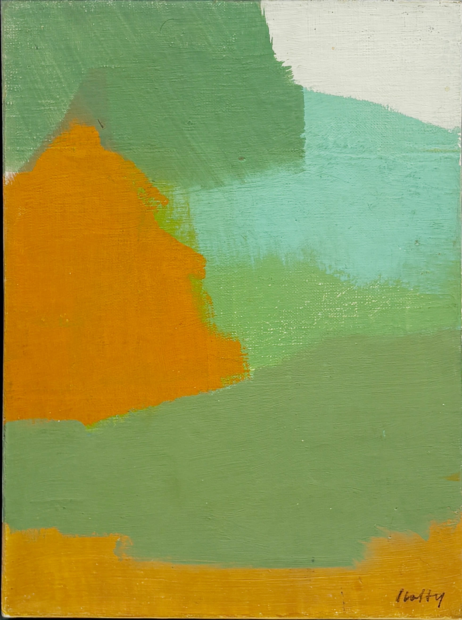 16844, Carl Holty, Color Theory #571 Orange, Greens, White, 1972